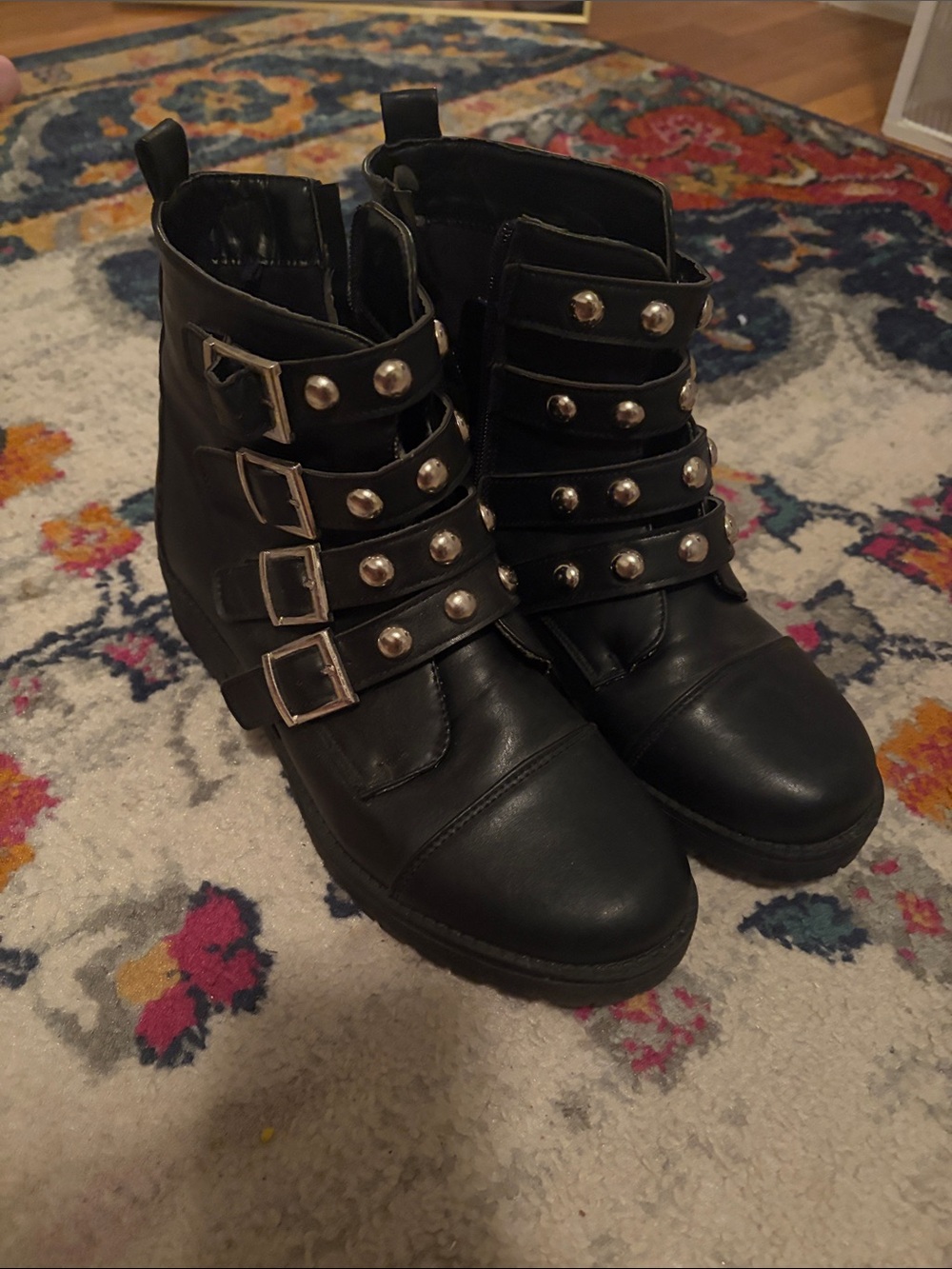 mandee Black Studded Buckle Combat Boots